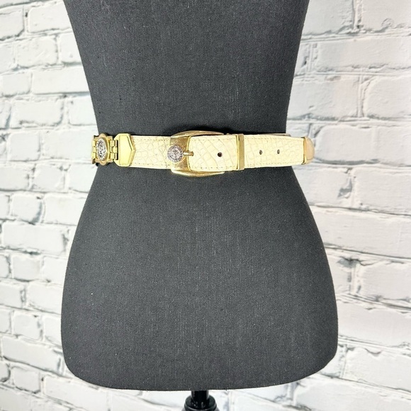 El General Accessories - Vintage El General Genuine Caiman Skin Belt Cream Gold Metal Lion Western 40